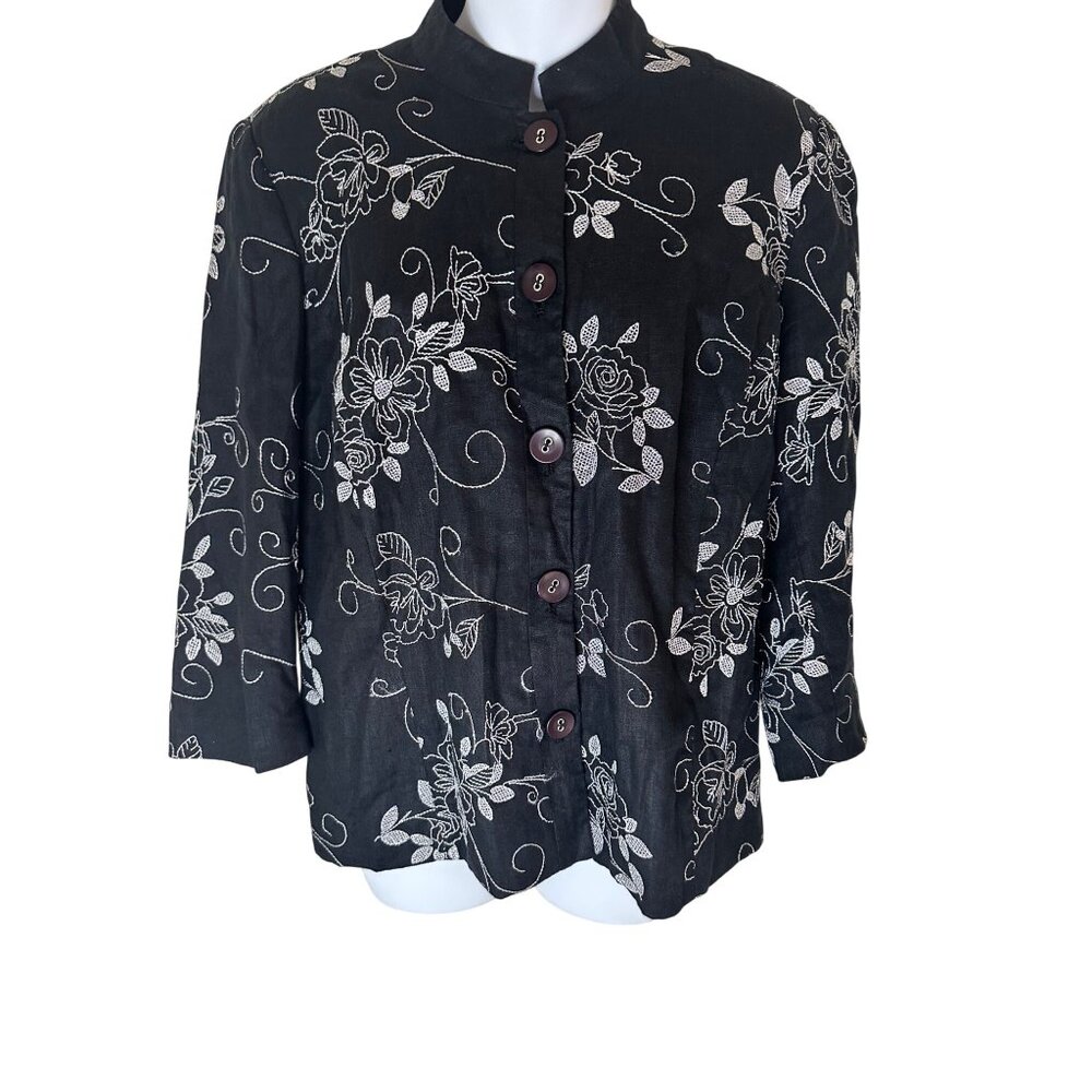 Black Floral Embroidered Linen Blend Button-Up Jacket 16P Boho Officecore